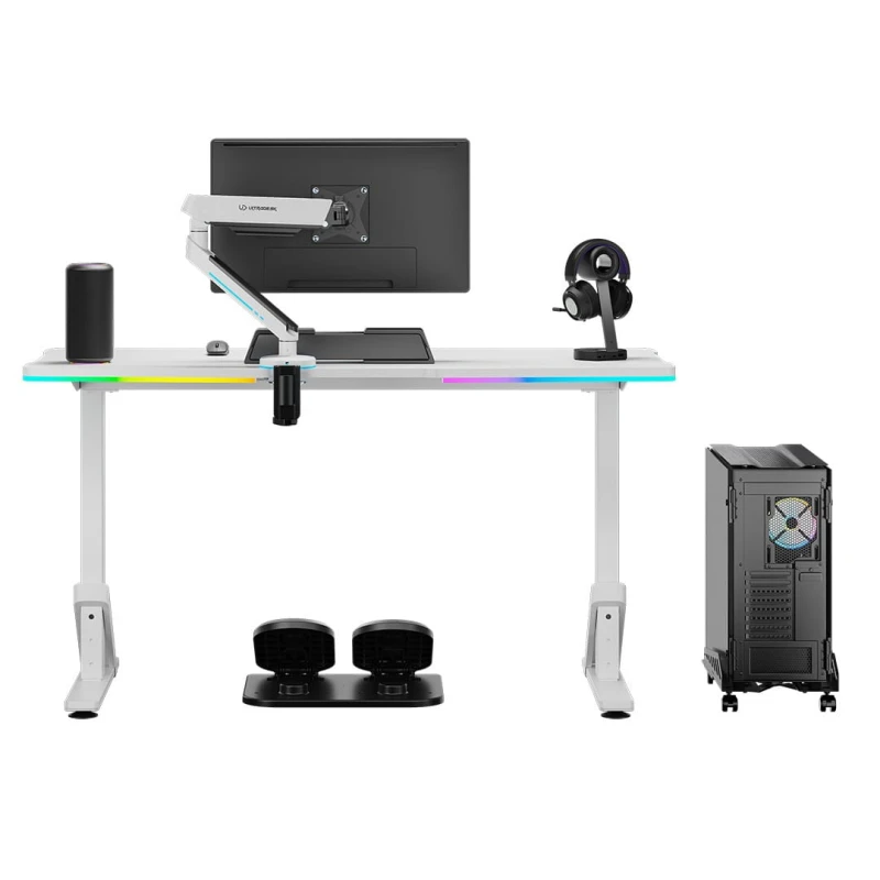 ULTRADESK Biurko dla gracza IRON WHITE, 132,5x60,5 cm, 71-81  cm, mechaniczna regulacja wysokości