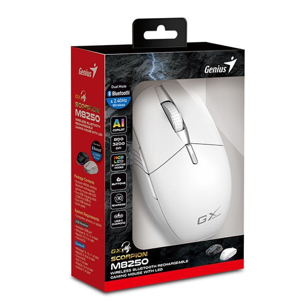 Mysz bezprzewodowa, Genius GX GAMING Scorpion M8250 AI, biała, optyczna, 3200DPI