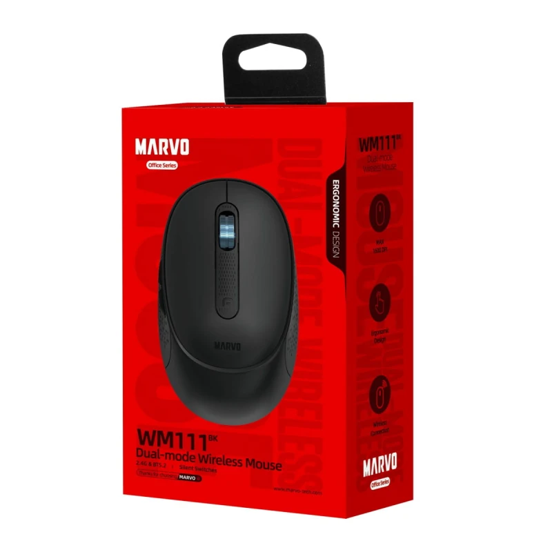 Mysz bezprzewodowa, Marvo WM111 BK, czarna, optyczna, 1600DPI