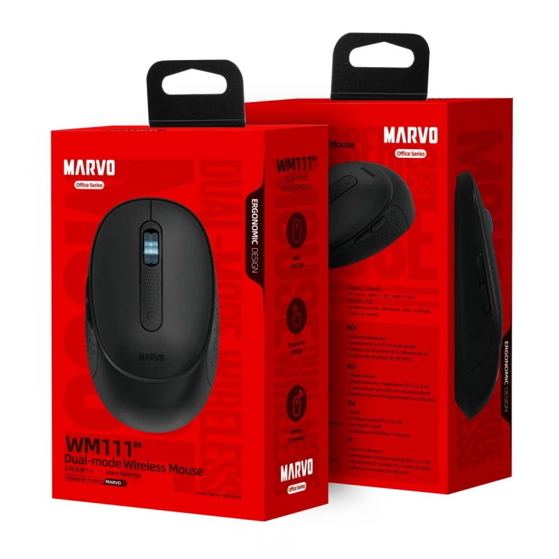 Mysz bezprzewodowa, Marvo WM111 BK, czarna, optyczna, 1600DPI