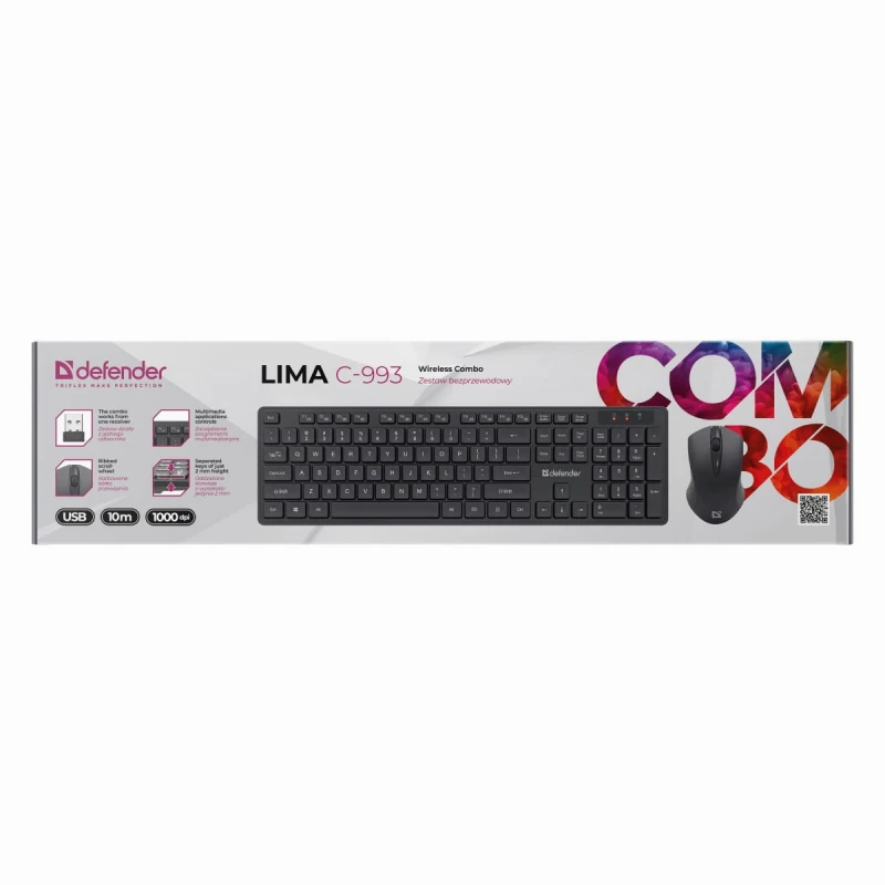 Defender LIMA C-993, zestaw klawiatura z myszką bezprzewodową, US, multimedialny, 2.4 [GHz], czarna