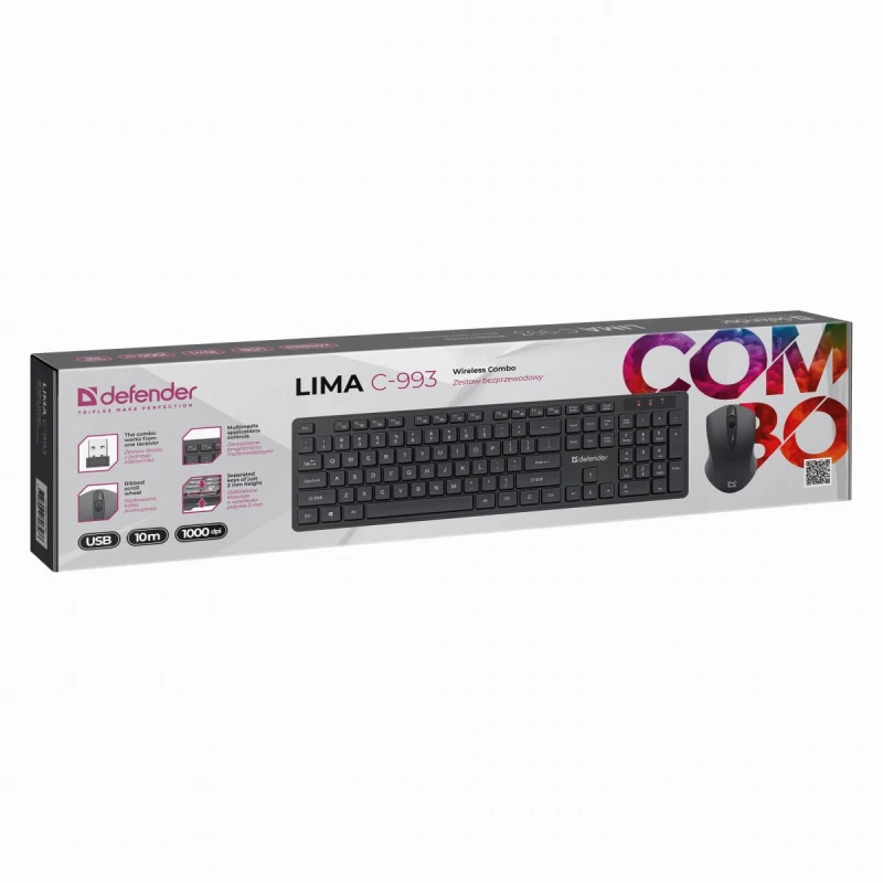 Defender LIMA C-993, zestaw klawiatura z myszką bezprzewodową, US, multimedialny, 2.4 [GHz], czarna
