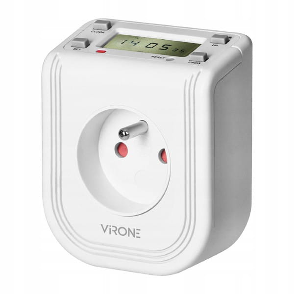 Gniazdo z elektronicznym timerem 230V, 50Hz, max. 3680W, biała, Virone, Górny wyświetlacz LCD, 16 programów czas., bateria