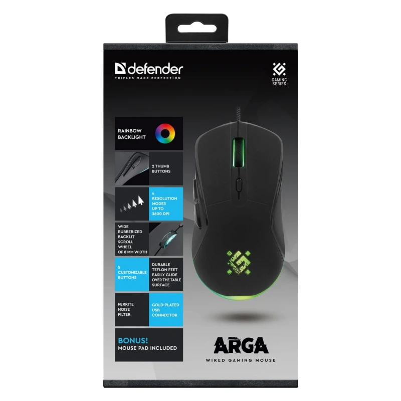 Mysz przewodowa, Defender ARGA GM-049, czarna, optyczna, 3600DPI