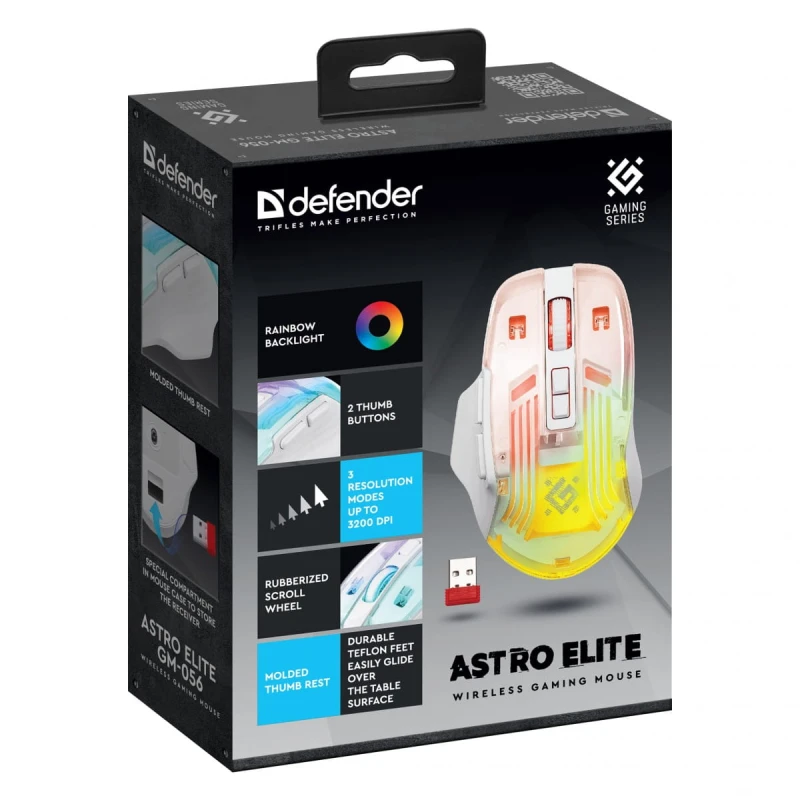 Mysz bezprzewodowa, Defender ASTRO ELITE GM-056, przezroczysta, optyczna, 3200DPI