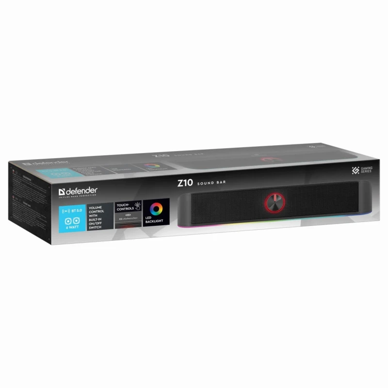 Defender Soundbar Z10, 2.0, 6W, czarny, regulacja głośności, Podświetlenie LED, USB/Bluetooth, 80Hz-20kHz