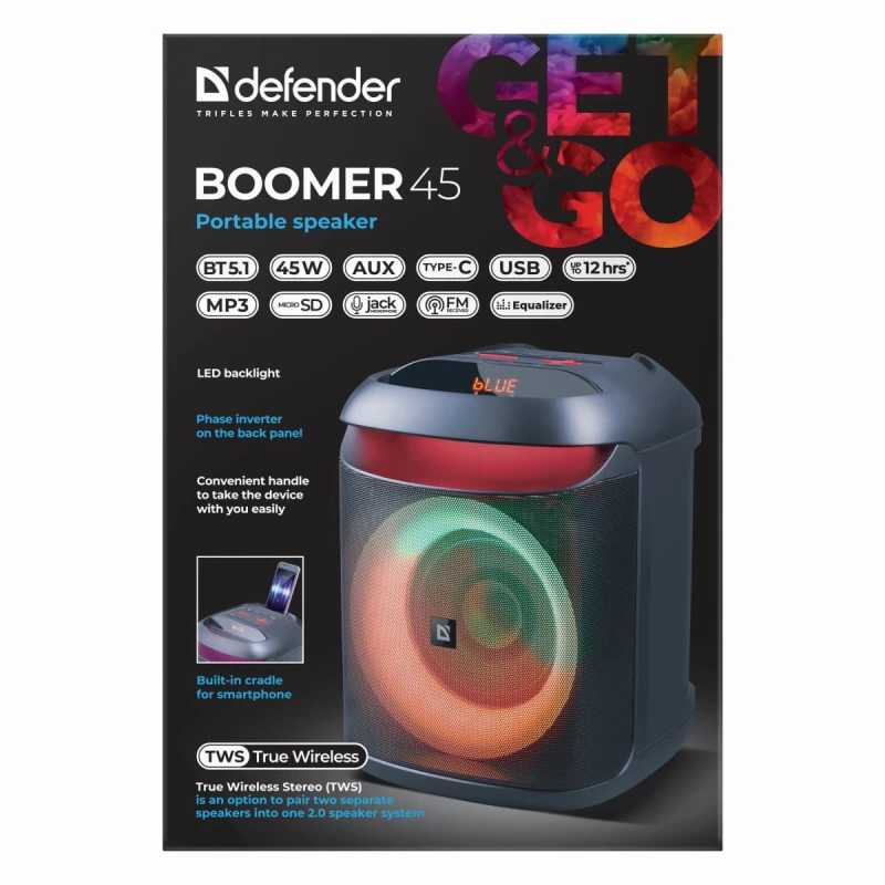 Defender głośnik BOOMER 45, Li-Ion, 1.1, 45W, czarny, regulacja głośności, LED, BT 5.1, TWS, 90Hz-20KHz
