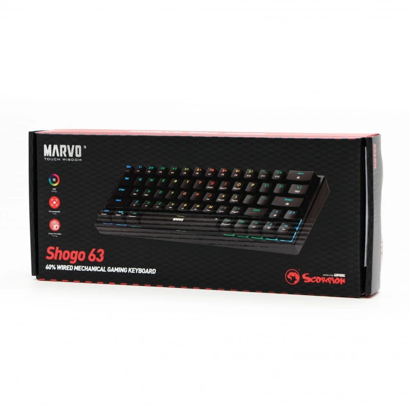 Marvo SHOGO 63, klawiatura US, do gry, przewodowa (USB), czarna, mechaniczna, podświetlenie