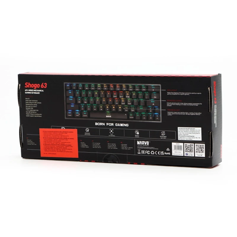 Marvo SHOGO 63, klawiatura US, do gry, przewodowa (USB), czarna, mechaniczna, podświetlenie