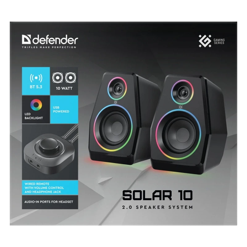 Defender głośniki Solar 10, 2.0, 10W, czarne, Bluetooth 5.3/AUX