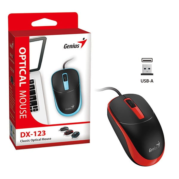 Mysz przewodowa, Genius DX-123, czarno-czerwona, optyczna, 1200DPI
