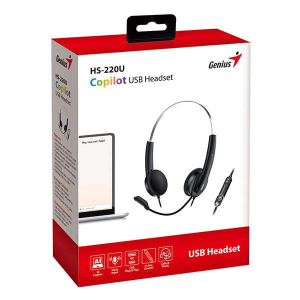 Genius HS-220U AI, słuchawki z mikrofonem, przewodowaczarna, 2.0, zamykane, USB - C
