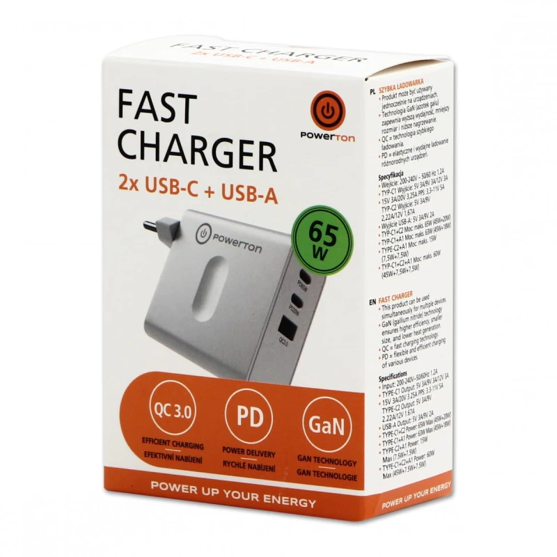 Powerton Zasilacz / sieciowy adapter 65W, 3 porty, USB-C, USB-A, 65W GaN Charger