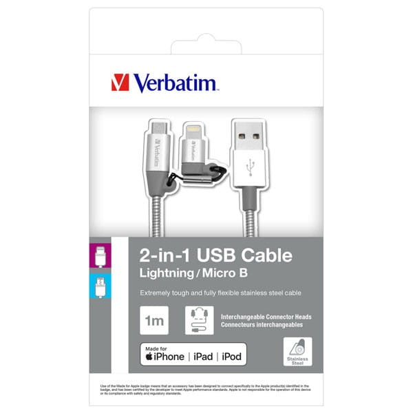 Verbatim USB kabel (2.0), USB A M - microUSB (M) + Apple Lightning (M), 1m, srebrny, box, 48869, 2 w 1 - regulowane złącze Lightni