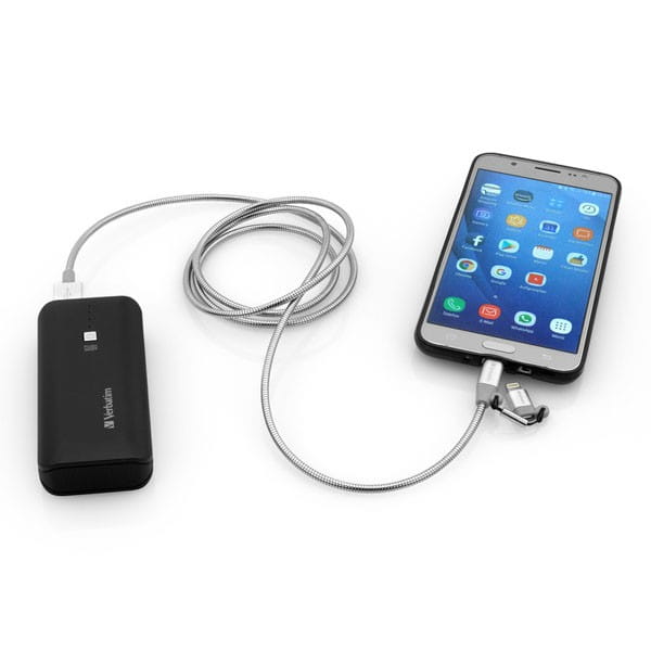 Verbatim USB kabel (2.0), USB A M - microUSB (M) + Apple Lightning (M), 1m, srebrny, box, 48869, 2 w 1 - regulowane złącze Lightni