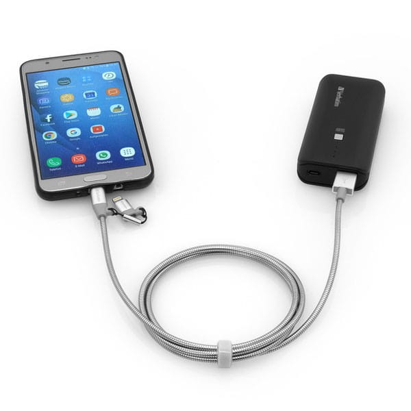 Verbatim USB kabel (2.0), USB A M - microUSB (M) + Apple Lightning (M), 1m, srebrny, box, 48869, 2 w 1 - regulowane złącze Lightni