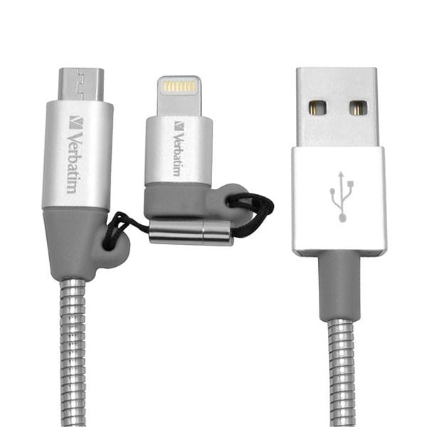 Verbatim USB kabel (2.0), USB A M - microUSB (M) + Apple Lightning (M), 1m, srebrny, box, 48869, 2 w 1 - regulowane złącze Lightni