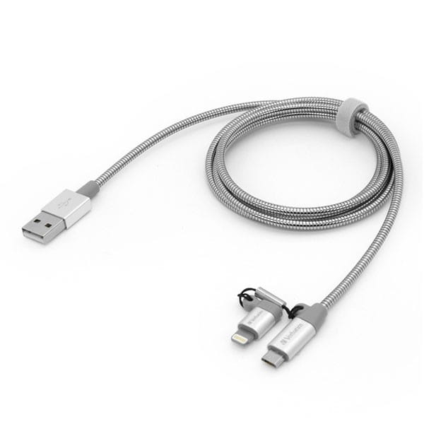 Verbatim USB kabel (2.0), USB A M - microUSB (M) + Apple Lightning (M), 1m, srebrny, box, 48869, 2 w 1 - regulowane złącze Lightni