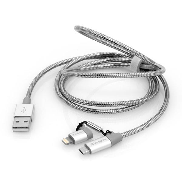 Verbatim USB kabel (2.0), USB A M - microUSB (M) + Apple Lightning (M), 1m, srebrny, box, 48869, 2 w 1 - regulowane złącze Lightni