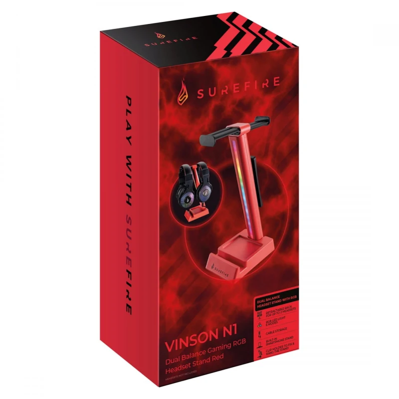 SureFire stojak na słuchawki Vinson N1 Dual Balance RGB, zacisk do montażu pod biurkiem, czerwony, plastikowy, 48846, czerwona