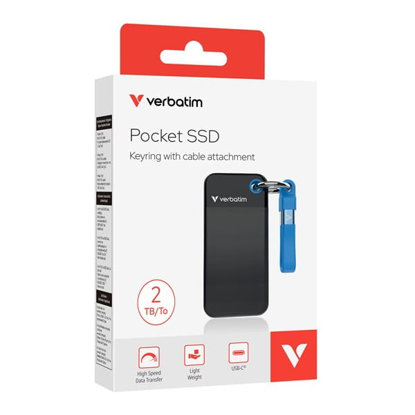 SSD Zewnętrzny Verbatim Pocket SSD Black/Blue, 32195, 2000GB, czarny, M.2, zawiera kabel USB C, 1000 MB/s-R, USB-C, 1000 MB/s-W