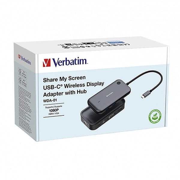 Bezprzewodowy adapter USB-C z koncentratorem WDA01 Share My Screen 1080p 32146, czarny, długość przewodu 15cm, Verbatim