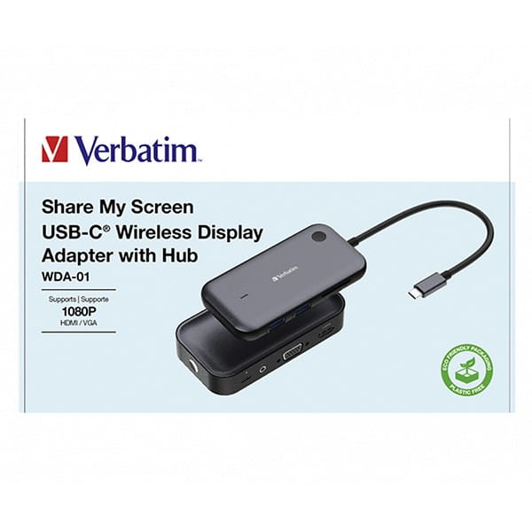 Bezprzewodowy adapter USB-C z koncentratorem WDA01 Share My Screen 1080p 32146, czarny, długość przewodu 15cm, Verbatim