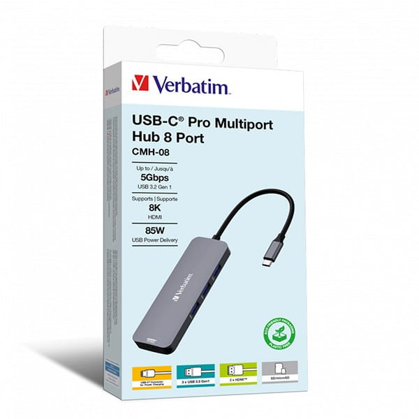 USB (3.2) hub 8-port, 32151, szara, długość przewodu 15cm, Verbatim, 1x USB C, 3x USB A, 2x HDMI, 1x SD 3.0