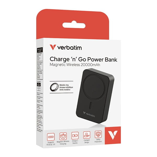 Verbatim, powerbank z ładowaniem bezprzewodowym, 5V, ładowanie telefonu, 32223, 20000mAh, Mocowanie magnetyczne, Czarny