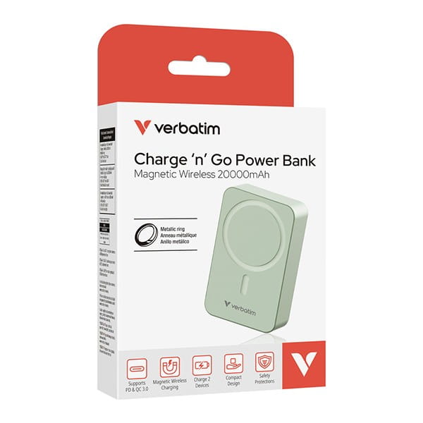 Verbatim, powerbank z ładowaniem bezprzewodowym, 5V, ładowanie telefonu, 32224, 20000mAh, Mocowanie magnetyczne, Zielony