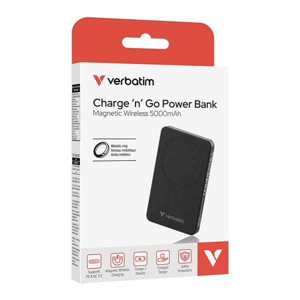 Verbatim, powerbank z ładowaniem bezprzewodowym, 5V, ładowanie telefonu, 32225, 5000mAh, Mocowanie magnetyczne, Czarny