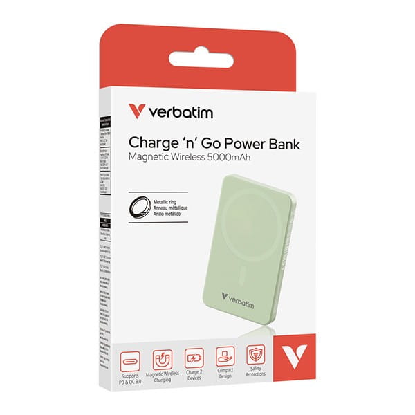 Verbatim, powerbank z ładowaniem bezprzewodowym, 5V, ładowanie telefonu, 32226, 5000mAh, Mocowanie magnetyczne, zielona
