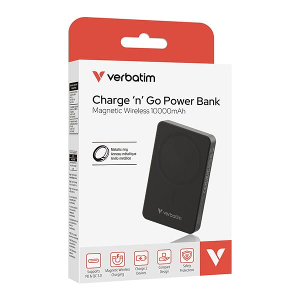Verbatim, powerbank z ładowaniem bezprzewodowym, 5V, ładowanie telefonu, 32227, 10000mAh, Mocowanie magnetyczne, Czarny