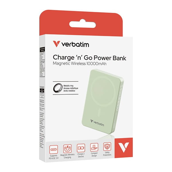Verbatim, powerbank z ładowaniem bezprzewodowym, 5V, ładowanie telefonu, 32228, 10000mAh, Mocowanie magnetyczne, Zielony