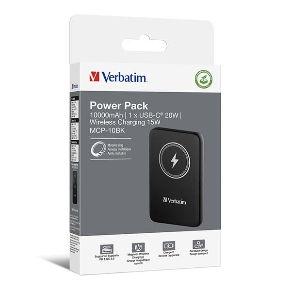 Verbatim, powerbank z ładowaniem bezprzewodowym, 5V, ładowanie telefonu, 32245, 10 000mAh, Mocowanie magnetyczne, czarna