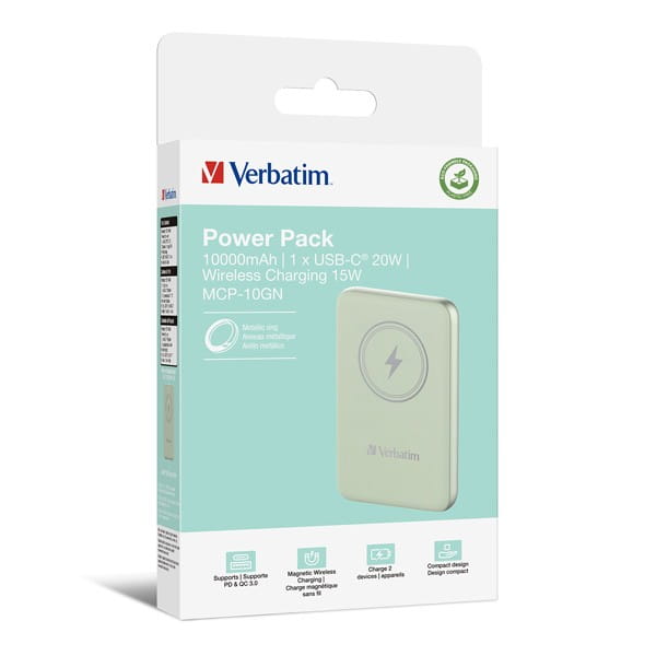 Verbatim, powerbank z ładowaniem bezprzewodowym, 5V, ładowanie telefonu, 32246, 10 000mAh, Mocowanie magnetyczne, zielona