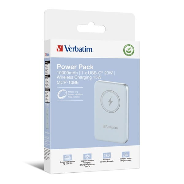 Verbatim, powerbank z ładowaniem bezprzewodowym, 5V, ładowanie telefonu, 32247, 10 000mAh, Mocowanie magnetyczne, niebieska