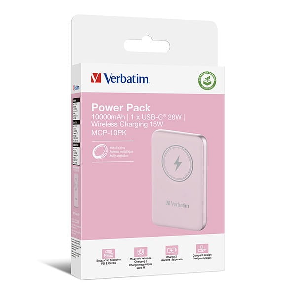 Verbatim, powerbank z ładowaniem bezprzewodowym, 5V, ładowanie telefonu, 32248, 10 000mAh, Mocowanie magnetyczne, różowa