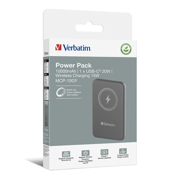 Verbatim, powerbank z ładowaniem bezprzewodowym, 5V, ładowanie telefonu, 32249, 10 000mAh, Mocowanie magnetyczne, szara