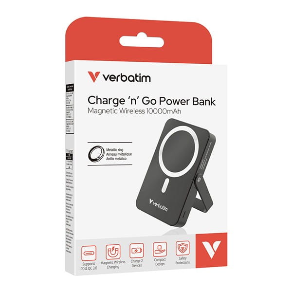 Verbatim, powerbank z ładowaniem bezprzewodowym, 5V, ładowanie telefonu, 32264, 10 000mAh, Mocowanie magnetyczne, czarna