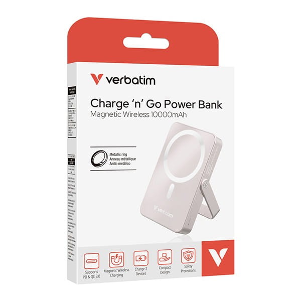 Verbatim, powerbank z ładowaniem bezprzewodowym, 5V, ładowanie telefonu, 32267, 10 000mAh, Mocowanie magnetyczne, różowa