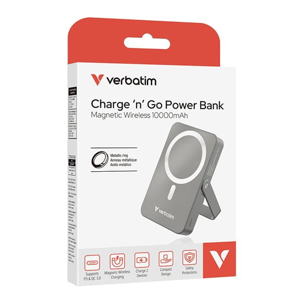 Verbatim, powerbank z ładowaniem bezprzewodowym, 5V, ładowanie telefonu, 32268, 10 000mAh, Mocowanie magnetyczne, Szary