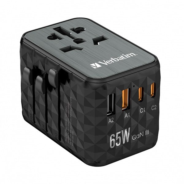 Verbatim, Uniwersalny adapter podróżny World-to-World UTA-05 2x USB-C PD, QC 4+,  2x USB-A, czarna, 65 W
