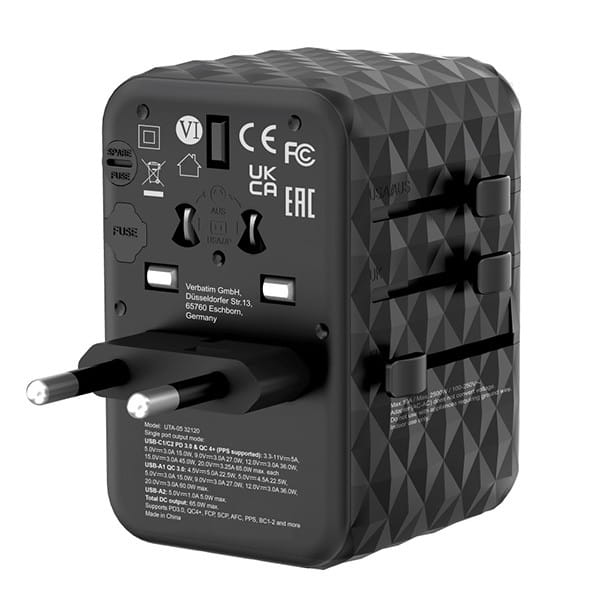 Verbatim, Uniwersalny adapter podróżny World-to-World UTA-05 2x USB-C PD, QC 4+,  2x USB-A, czarna, 65 W