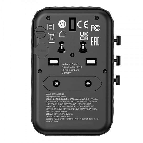 Verbatim, Uniwersalny adapter podróżny World-to-World UTA-05 2x USB-C PD, QC 4+,  2x USB-A, czarna, 65 W