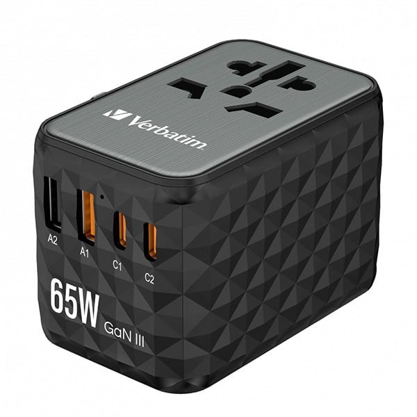 Verbatim, Uniwersalny adapter podróżny World-to-World UTA-05 2x USB-C PD, QC 4+,  2x USB-A, czarna, 65 W