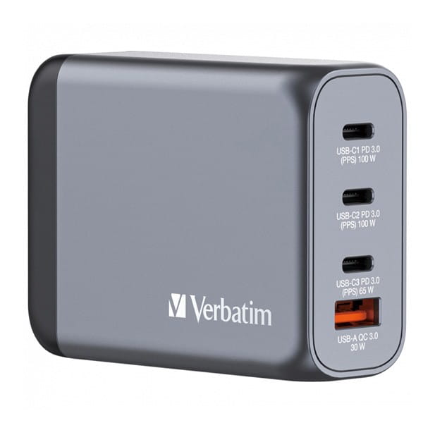 Verbatim, Ładowarka GaN USB 3.0, USB C, szara, 100 W, wymienne końcówki  C,G,A