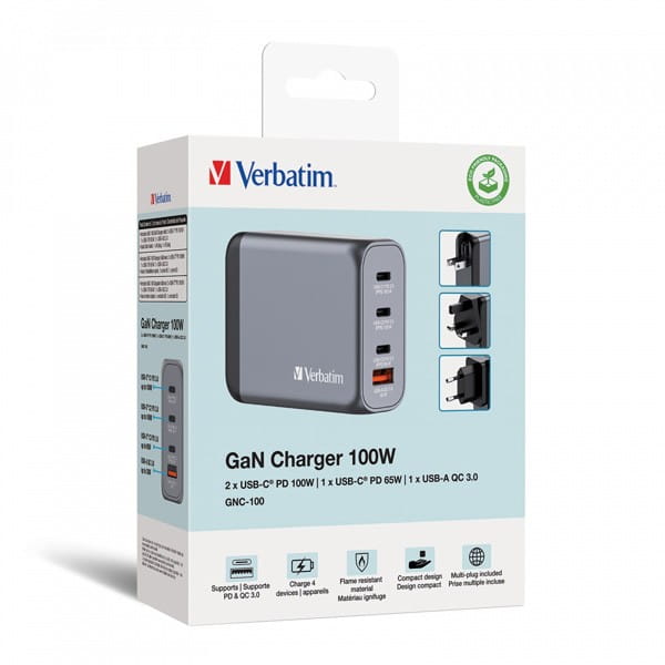 Verbatim, Ładowarka GaN USB 3.0, USB C, szara, 100 W, wymienne końcówki  C,G,A