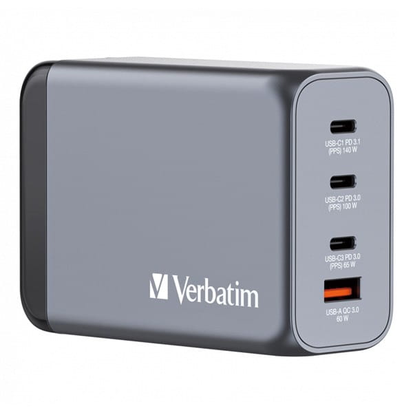 Verbatim, Ładowarka GaN USB 3.0, USB C, szara, 240 W, wymienne końcówki  C,G,A