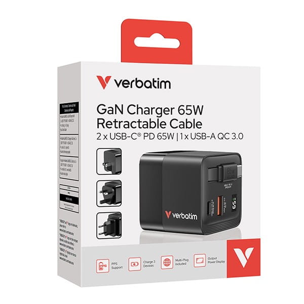 Verbatim, Ładowarka GaN USB 3.0, USB C, szara, 65 W, wymienne wtyczki C, G, A, ze zintegrowanym kablem